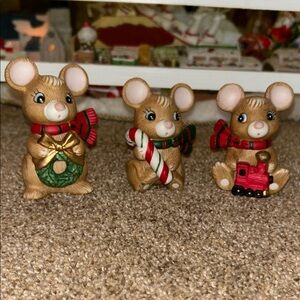 1980s Vtg. Homco Set Of 3 CHRISTMAS MICE #5210 Ceramic Painted Tan/Red/Green